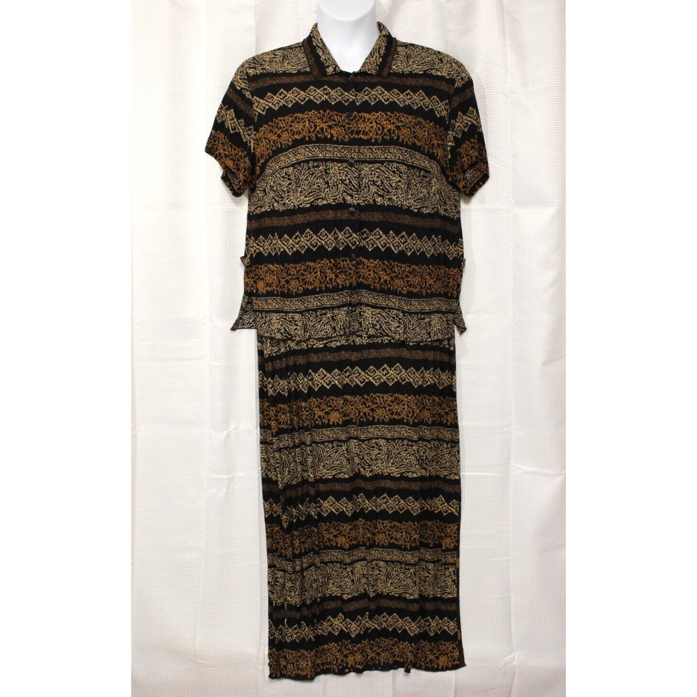 Norton McNaughton 2Pc Maxi Dress & Button Top Women L Brown Tan Black Gauzy